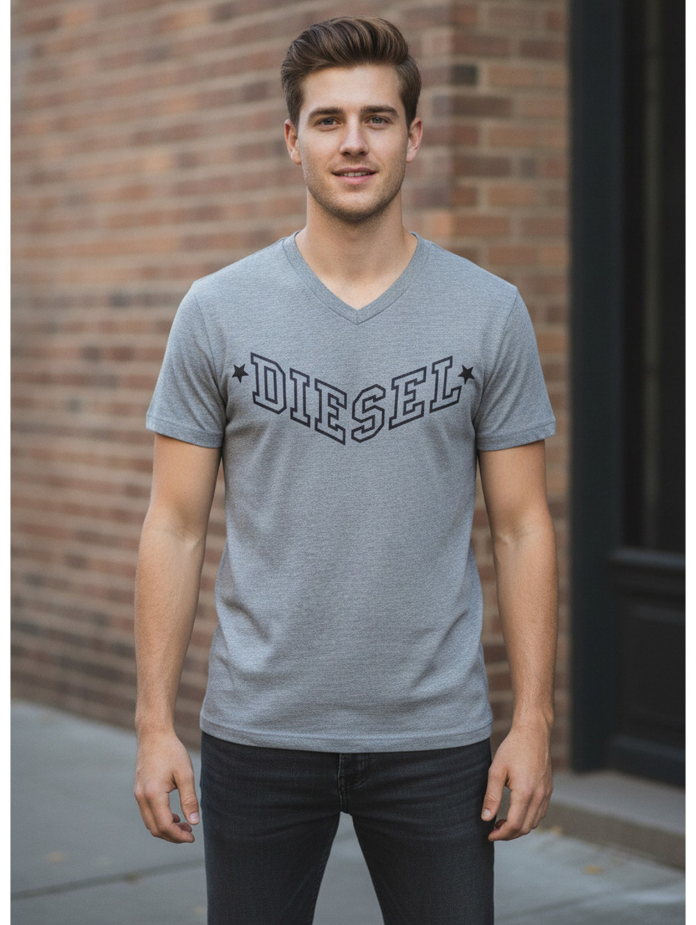 Diesel Men's Grey V-Neck T-Shirt with Logo Print